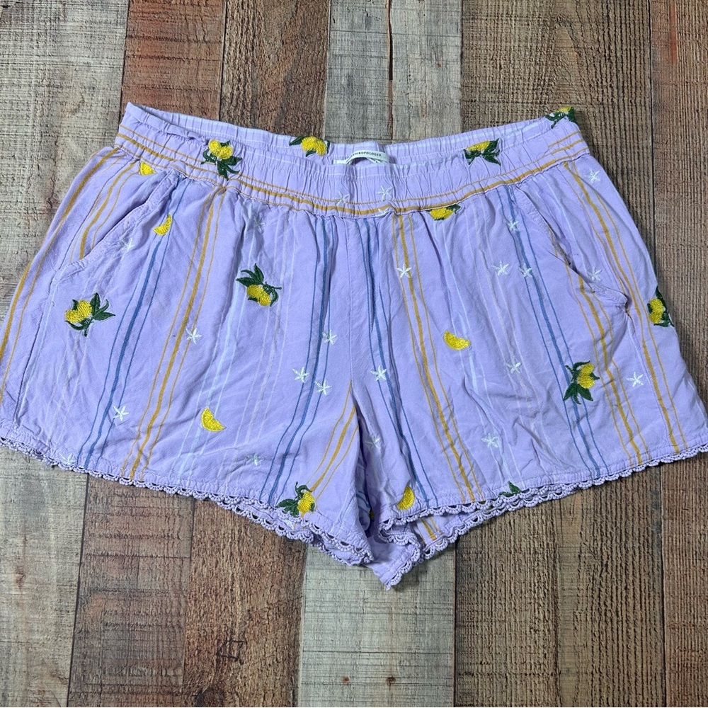 Anthropologie‎ Lemon Shorts Purple Embroidered Elastic Waist Pockets Size Medium